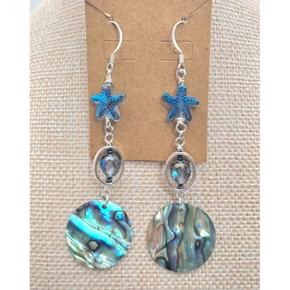 Sterling Abalone Shell Starfish Beaded Dangle Earrings